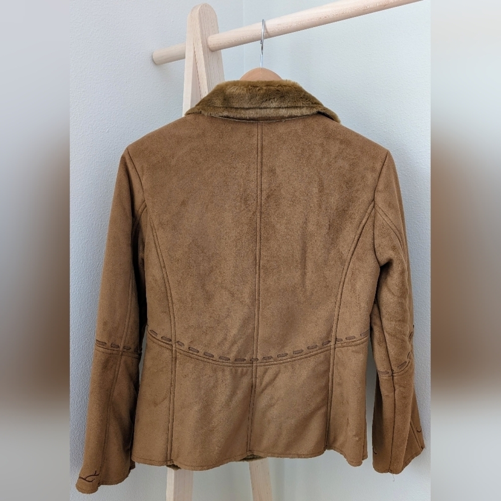 Vintage Faux Suede Faux Fur Collared Floral Embroidered Whipstitch Jacket Camel - Picture 7 of 7